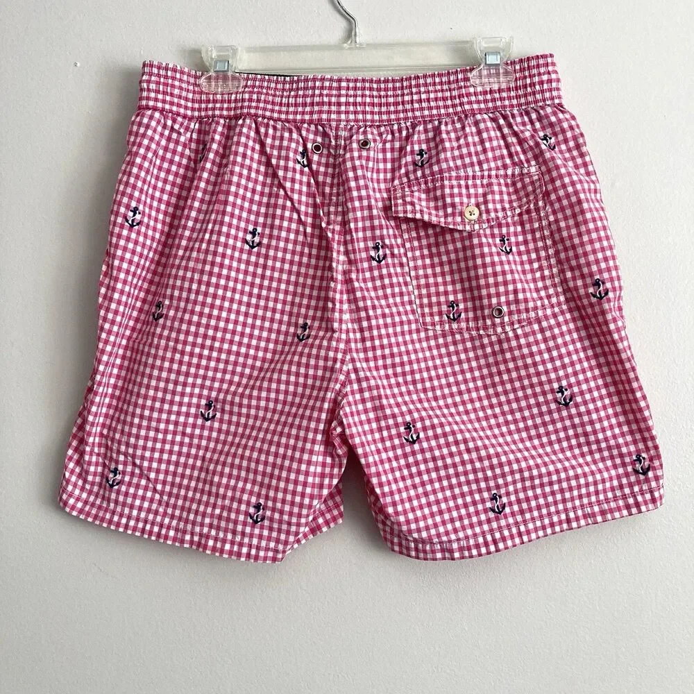 Polo Ralph Lauren Mens Pink Gingham Anchors Swim Trunks Board Shorts Large